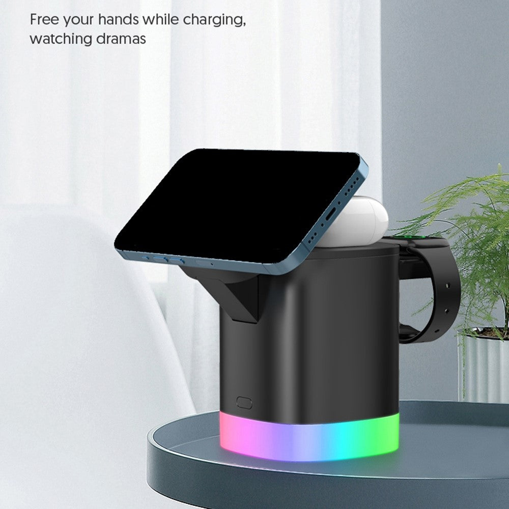 T15 3 in 1 Magnetic Wireless Charger Folding Charging Stand for iPhone iWatch AirPods Cordless Charging Station with RGB Light