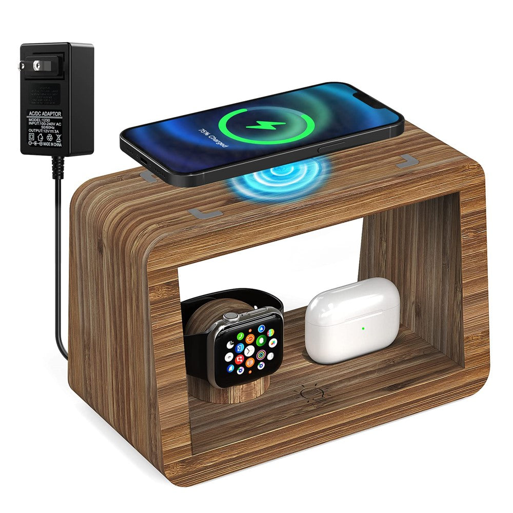 DCR-028 Bamboo 5-in-1 Wireless Charger Mobile Phone Charging Stand with Digital Alarm Clock, Night Light, Desktop Smart Watch Charging Station