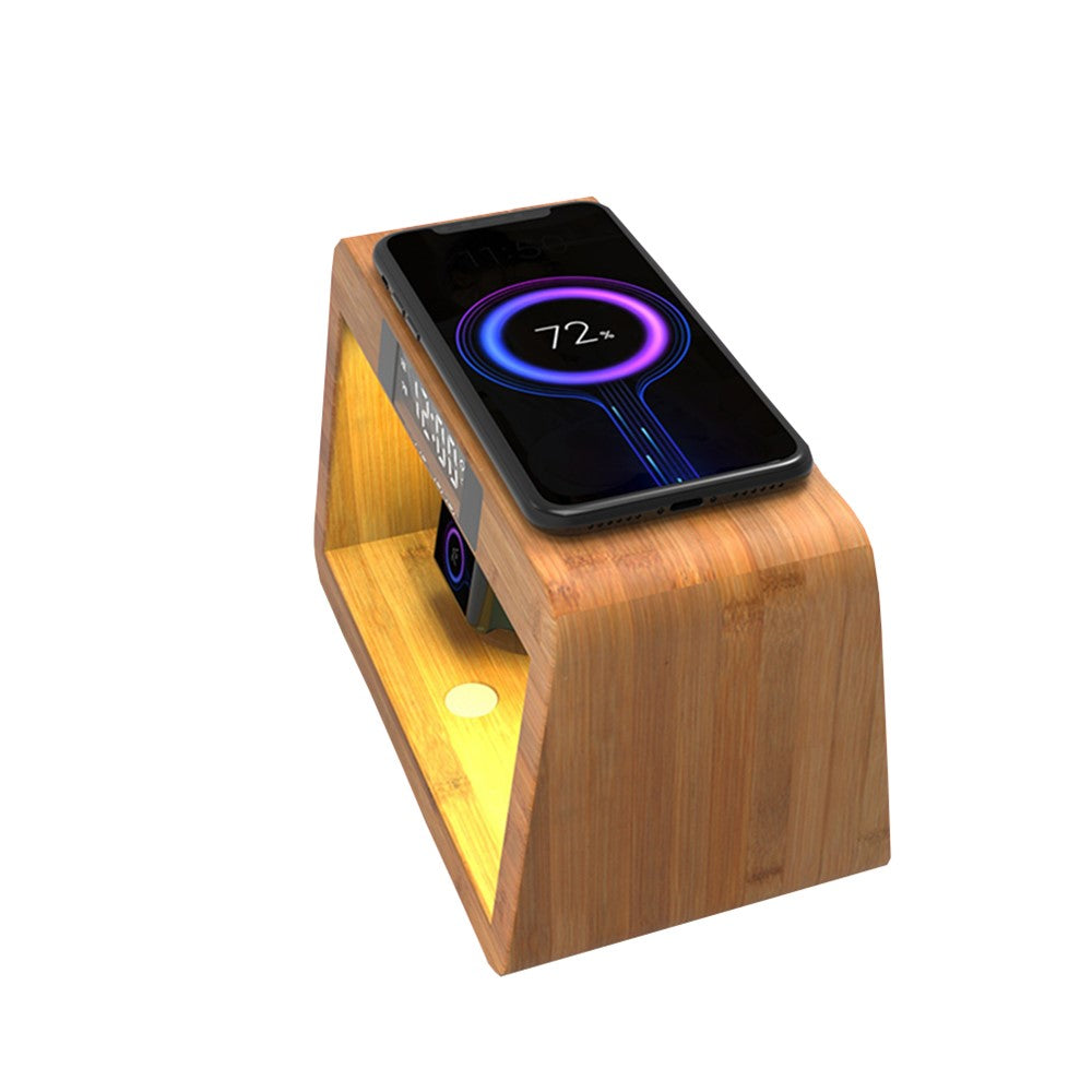 DCR-028 Bamboo 5-in-1 Wireless Charger Mobile Phone Charging Stand with Digital Alarm Clock, Night Light, Desktop Smart Watch Charging Station