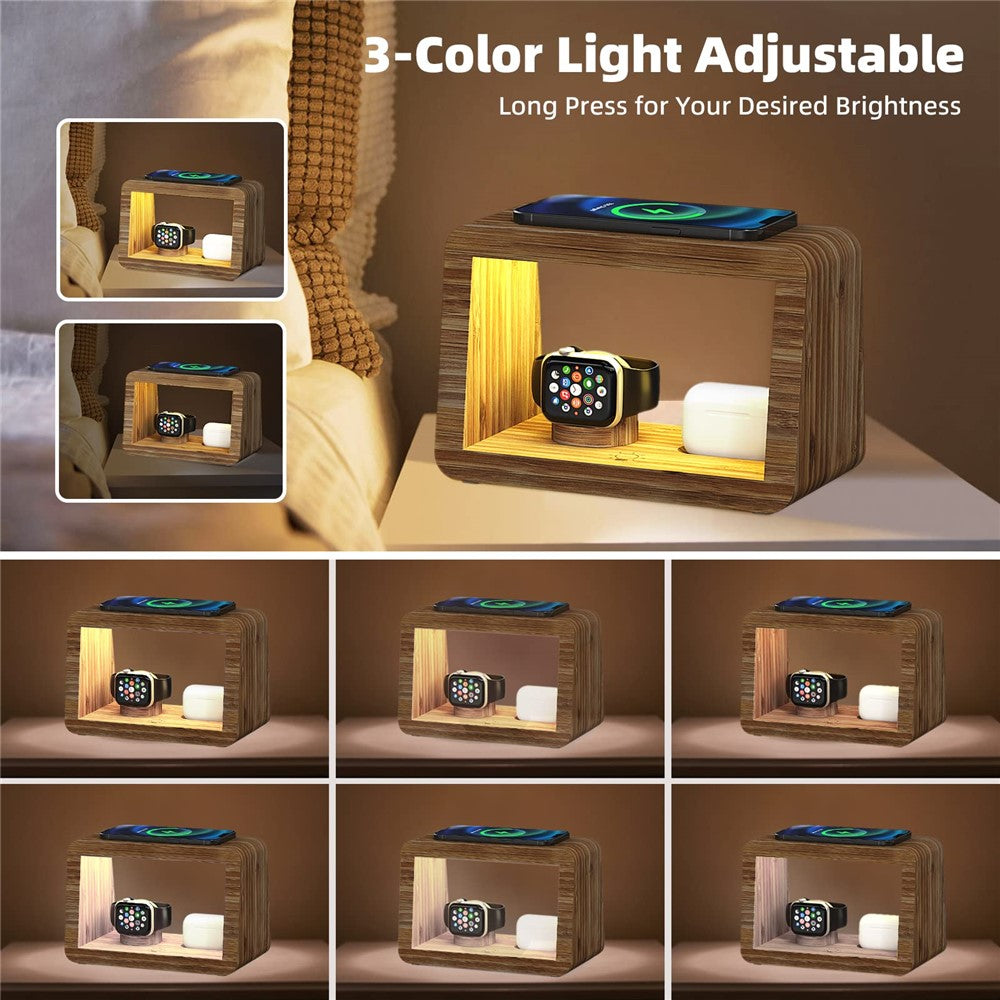 DCR-028 Bamboo 5-in-1 Wireless Charger Mobile Phone Charging Stand with Digital Alarm Clock, Night Light, Desktop Smart Watch Charging Station
