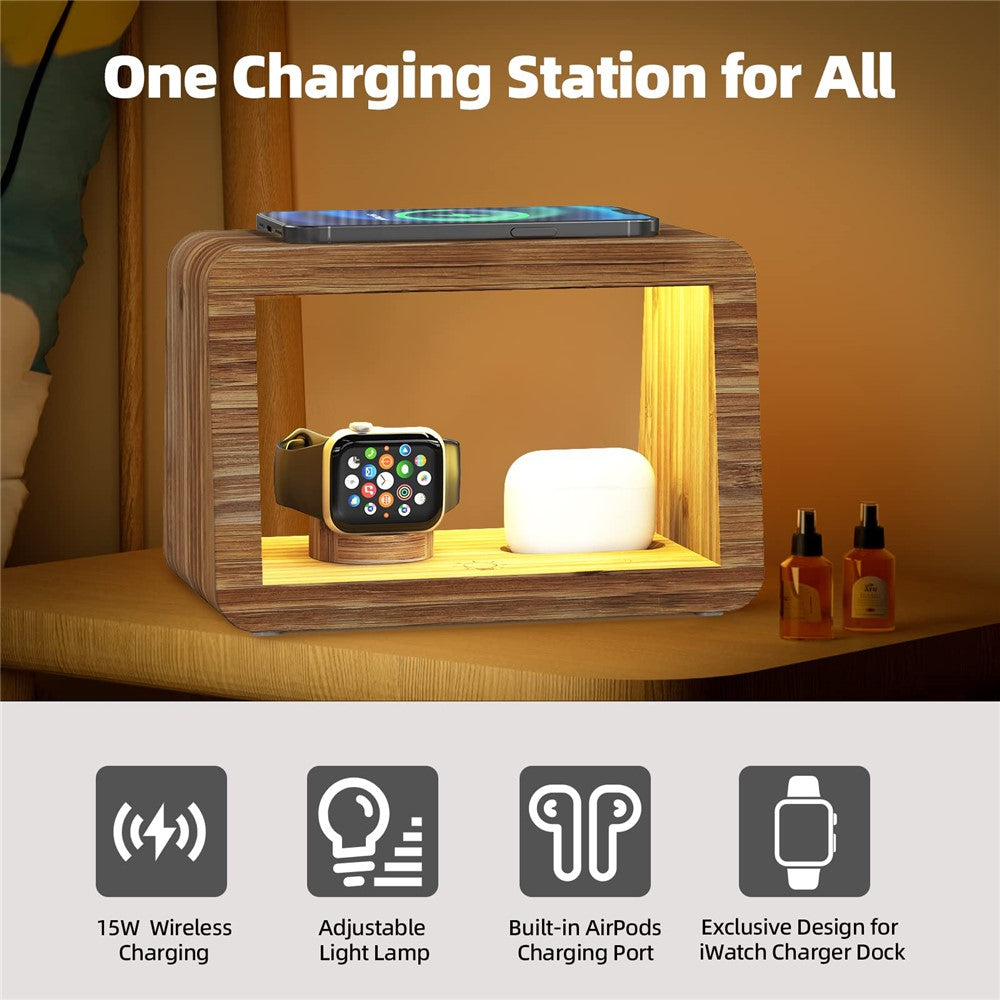 DCR-028 Bamboo 5-in-1 Wireless Charger Mobile Phone Charging Stand with Digital Alarm Clock, Night Light, Desktop Smart Watch Charging Station