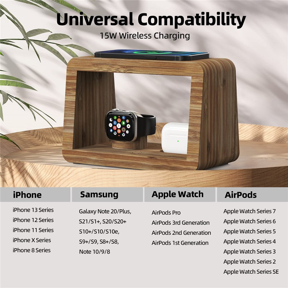 DCR-028 Bamboo 5-in-1 Wireless Charger Mobile Phone Charging Stand with Digital Alarm Clock, Night Light, Desktop Smart Watch Charging Station