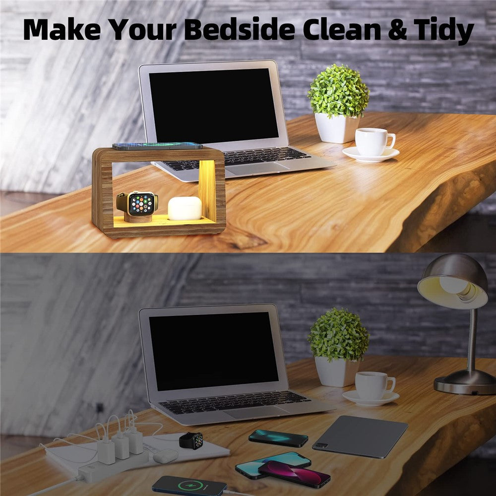 DCR-028 Bamboo 5-in-1 Wireless Charger Mobile Phone Charging Stand with Digital Alarm Clock, Night Light, Desktop Smart Watch Charging Station