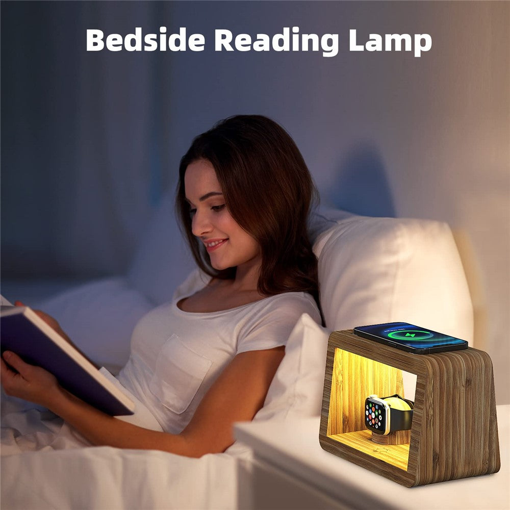 DCR-028 Bamboo 5-in-1 Wireless Charger Mobile Phone Charging Stand with Digital Alarm Clock, Night Light, Desktop Smart Watch Charging Station