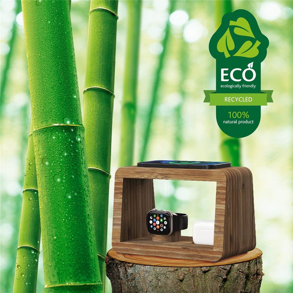 DCR-028 Bamboo 5-in-1 Wireless Charger Mobile Phone Charging Stand with Digital Alarm Clock, Night Light, Desktop Smart Watch Charging Station