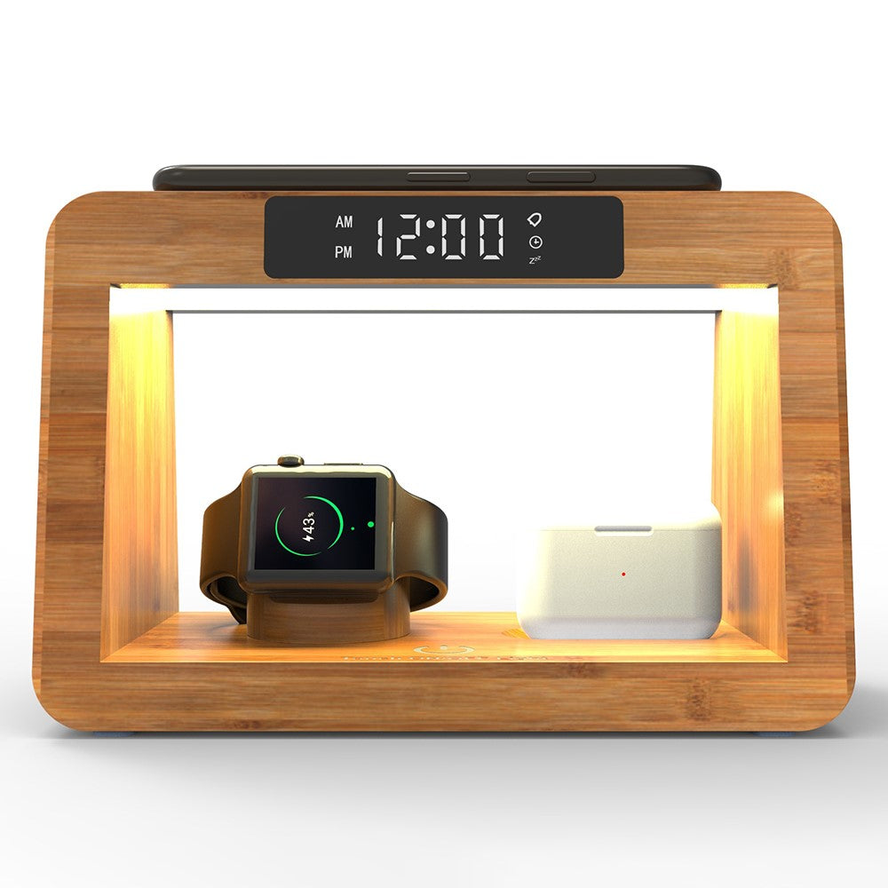 DCR-028 Bamboo 5-in-1 Wireless Charger Mobile Phone Charging Stand with Digital Alarm Clock, Night Light, Desktop Smart Watch Charging Station