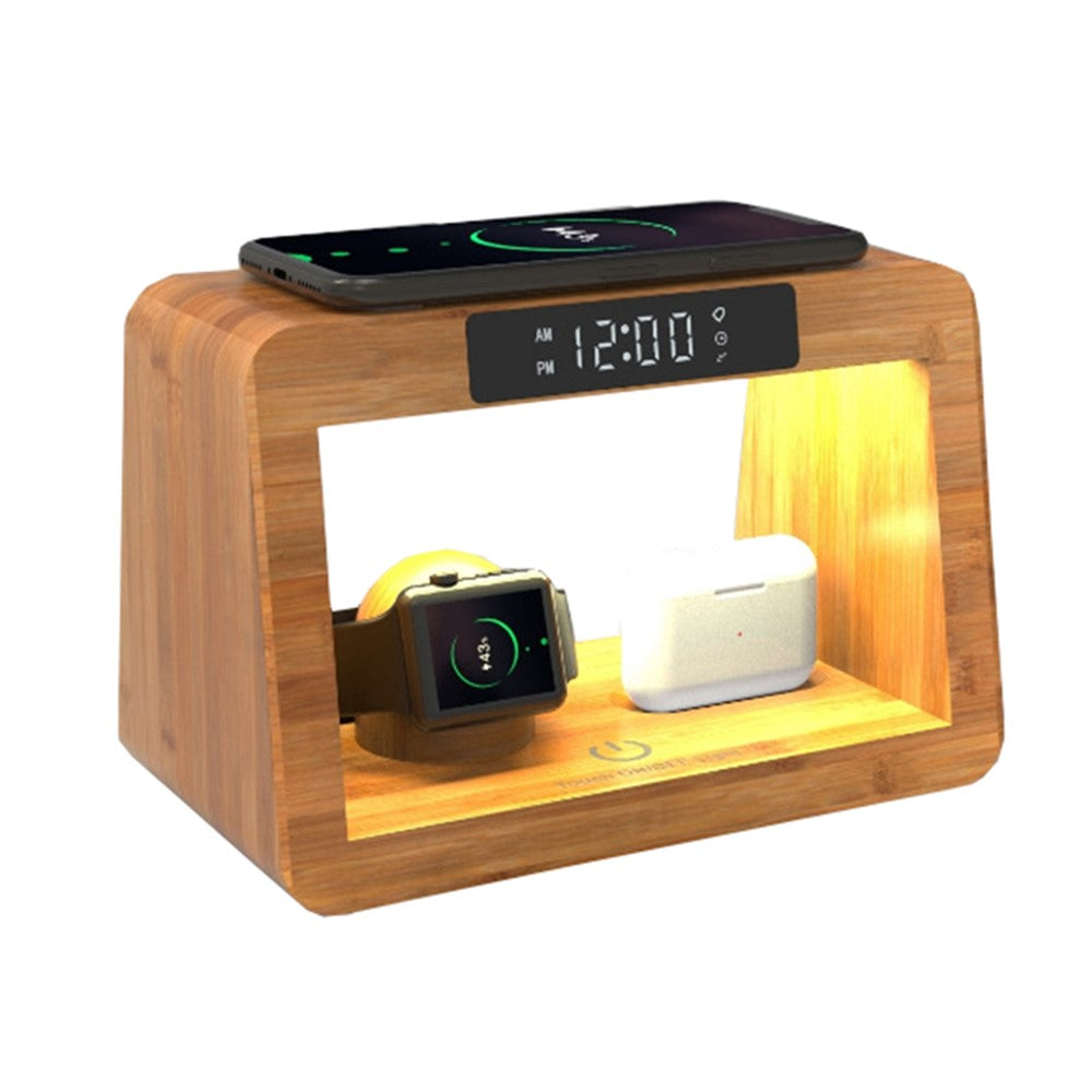 DCR-028 Bamboo 5-in-1 Wireless Charger Mobile Phone Charging Stand with Digital Alarm Clock, Night Light, Desktop Smart Watch Charging Station