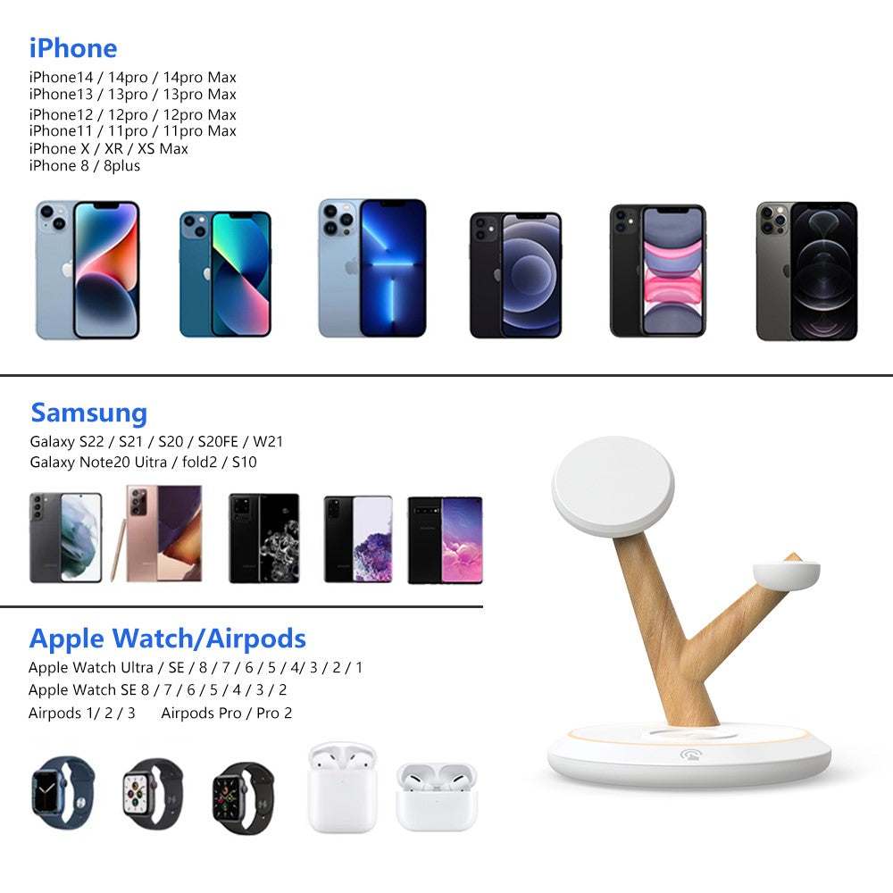 3 in 1 15W magnetic wireless charger with tree branch design and LED ambient light on desktop stand