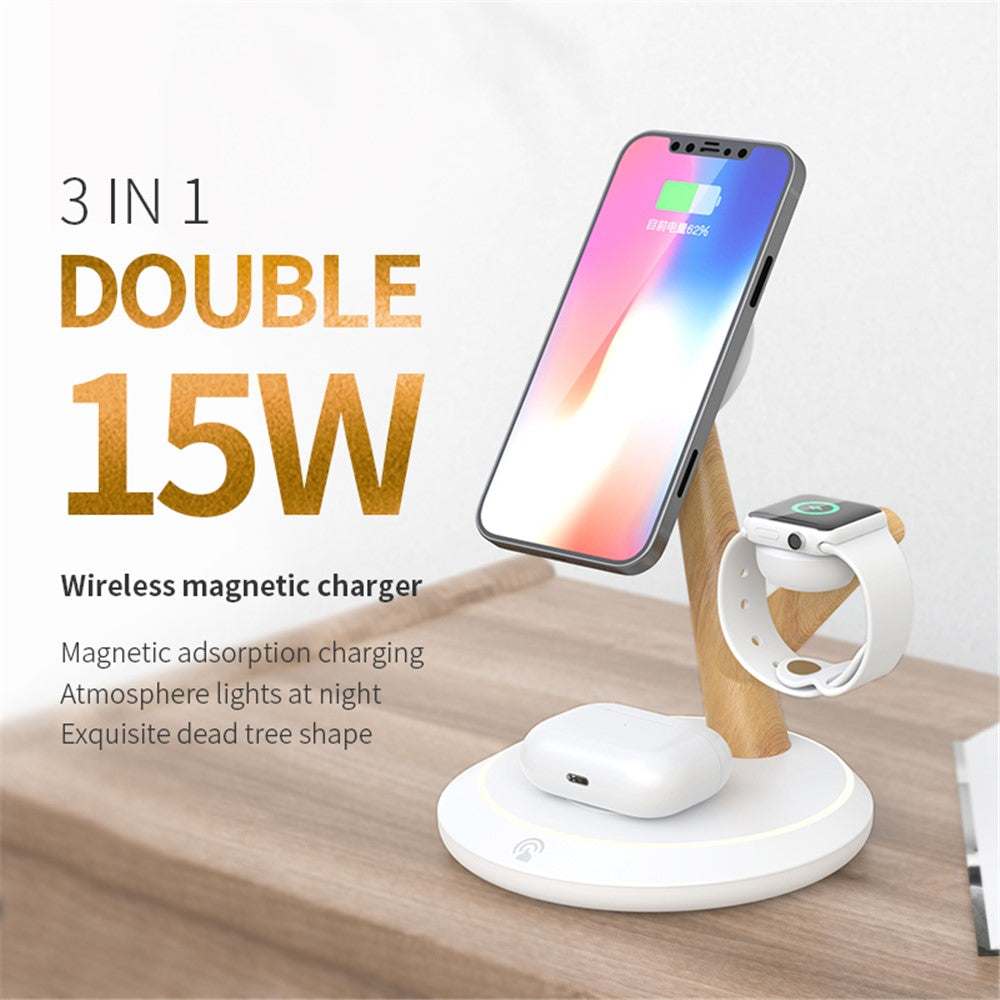 TH02 Tree Branch Design 3 in 1 15W magnetic wireless charger with LED ambient light and multi-position phone stand