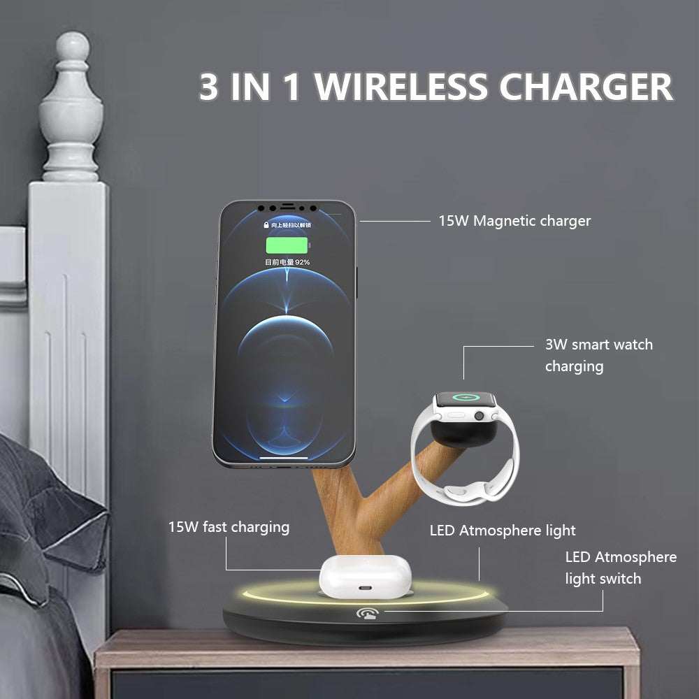 TH02 Tree Branch Design 3 in 1 15W Magnetic Wireless Charger with LED ambient light and dual charging stand