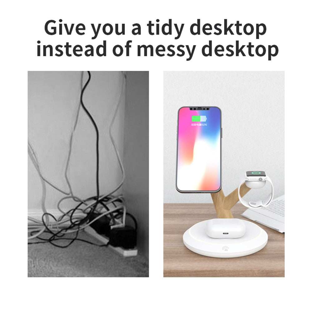 TH02 Tree Branch Design 3 in 1 15W Magnetic Wireless Charger with LED light and phone stand on desk