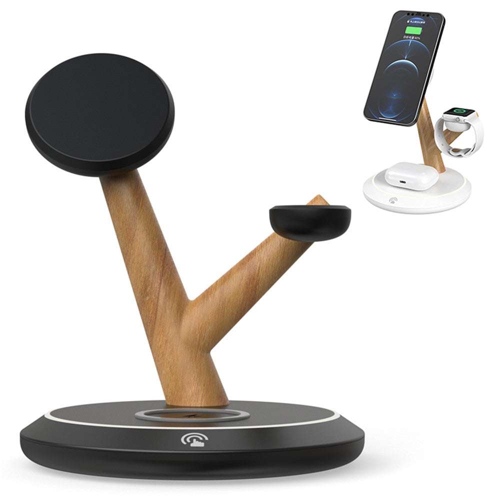 3 in 1 15W magnetic wireless charger with tree branch design and LED ambient light on desktop stand