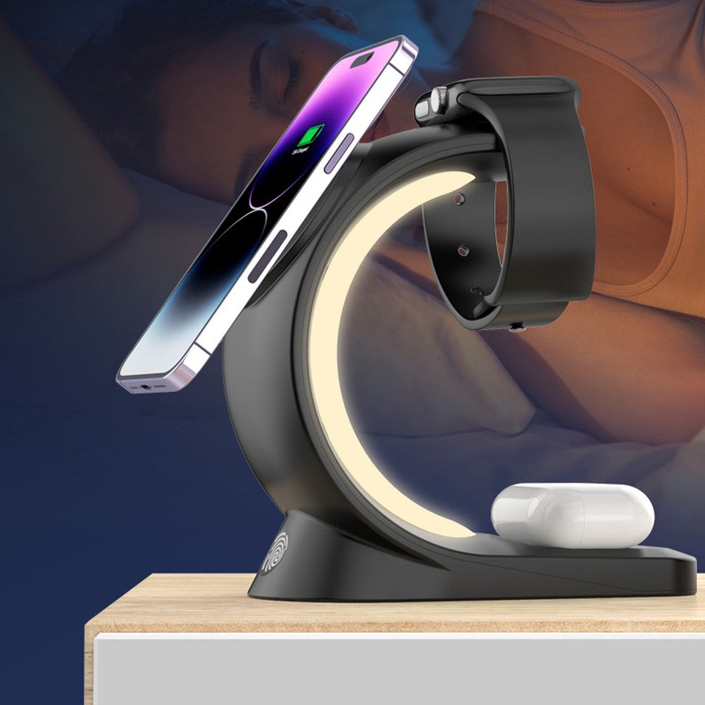 T17 3-in-1 RGB Light Magnetic Wireless Charger for iPhone 12 / 13 / 14 / 15 Series Desktop Fast Charging Stand