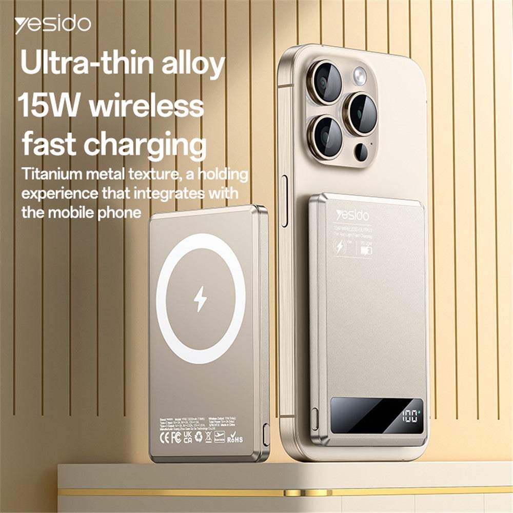 YESIDO YP66 Ultra-Thin Magnetic Wireless Power Bank in titanium gold with digital display and 5000mAh capacity