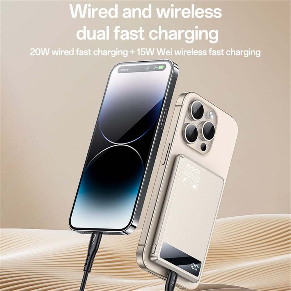 YESIDO YP66 Ultra-Thin Magnetic Wireless Power Bank 5000mAh with digital display and titanium gold finish