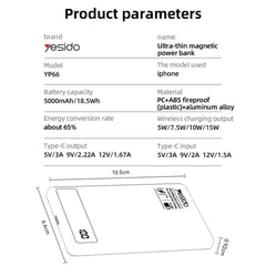 YESIDO YP66 Ultra-Thin Magnetic Wireless Power Bank, 5000mAh Digital Display Portable Phone Charger