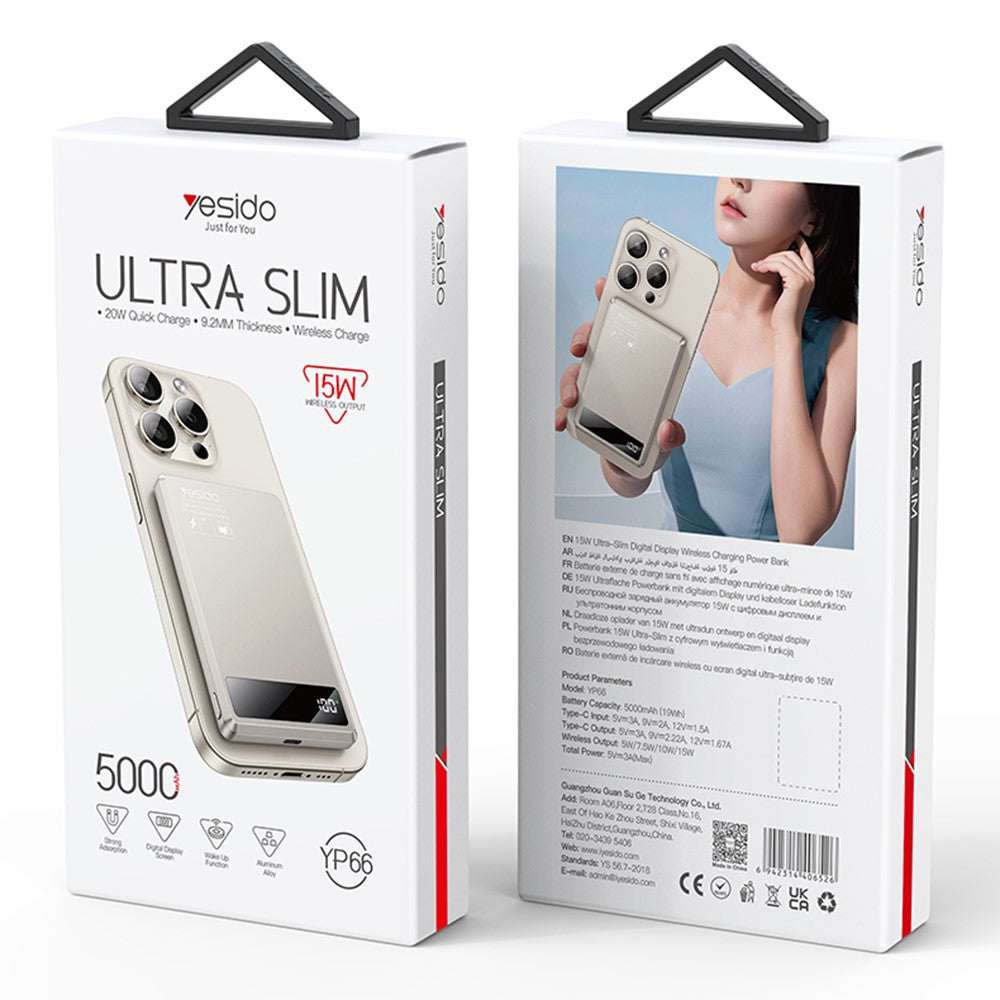 YESIDO YP66 Ultra-Thin Magnetic Wireless Power Bank 5000mAh with digital display and titanium gold finish