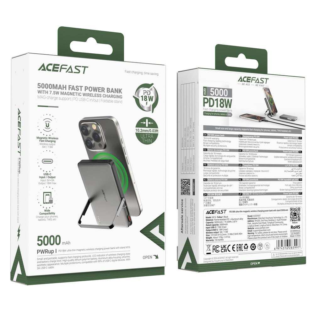 ACEFAST M16-5000 ultra thin 5000mAh power bank with 18W PD fast charging wireless charger and built-in stand