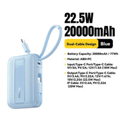 ESSAGER Digital Display 20000mAh Power Bank 22.5W Fast Charging Battery Pack with Dual Built-in Cables - Blue