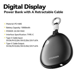 ESSAGER 10000mAh 22.5W Fast Charging Power Bank with Retractable Type-C Cable Large Capacity Battery Pack