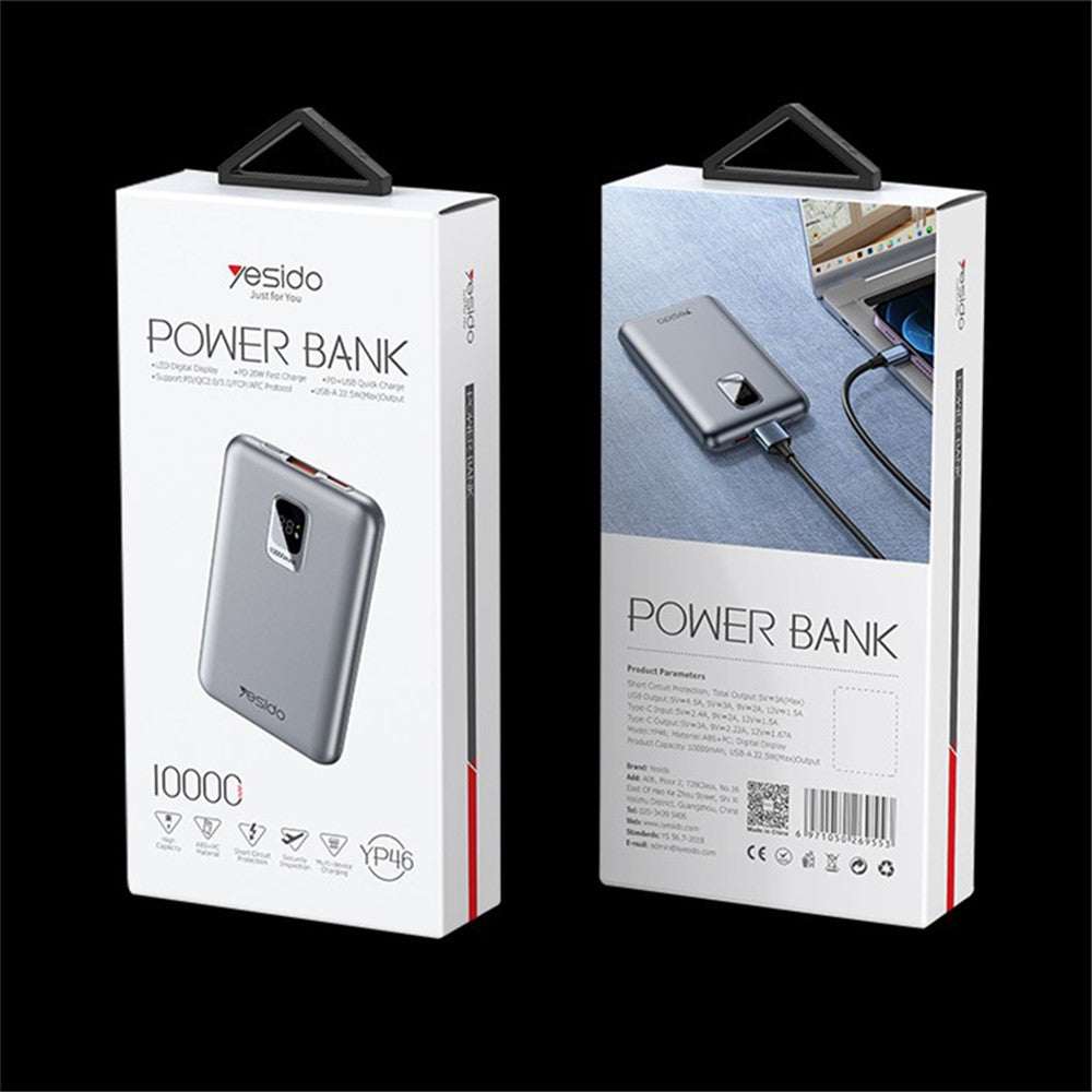 YESIDO YP46 10000mAh power bank with digital display and dual USB Type-C PD 20W fast charging ports in grey color