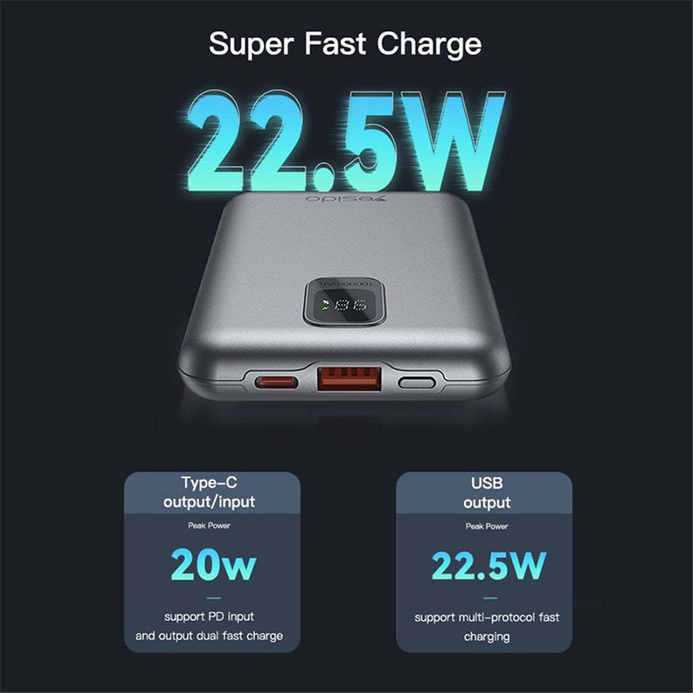 YESIDO YP46 10000mAh power bank with digital display and dual USB Type-C and USB output ports in grey color