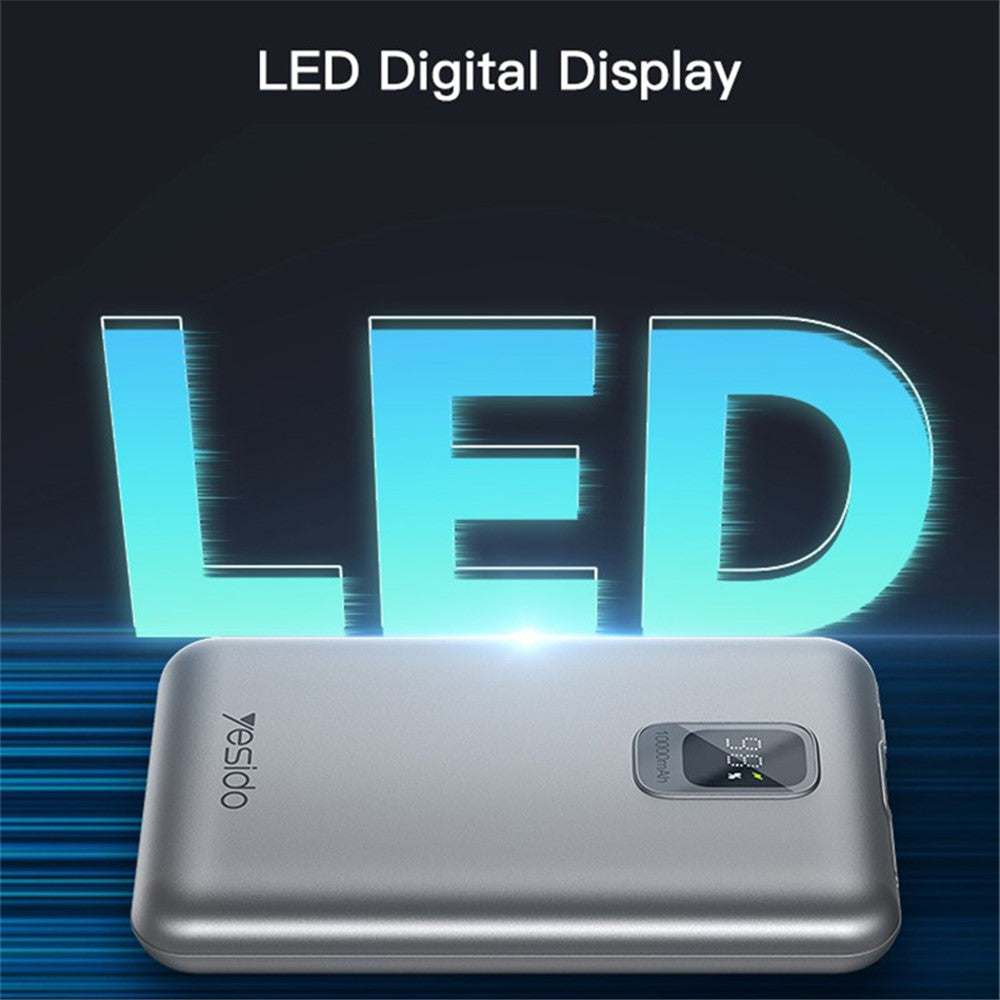 YESIDO YP46 10000mAh power bank with digital display and dual USB Type-C and USB output ports in grey color
