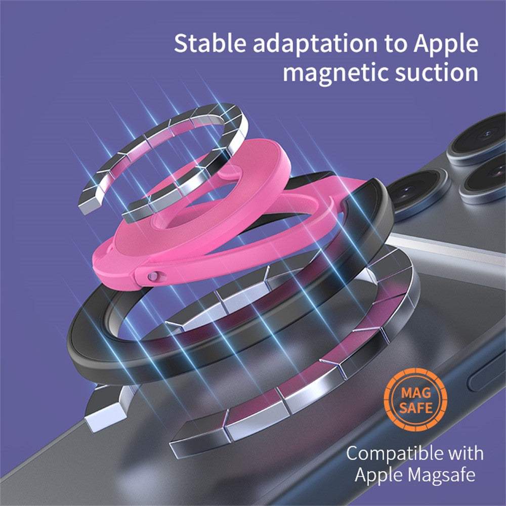 Rose gold magnetic phone ring holder with triple fold design and strong magnetic attachment