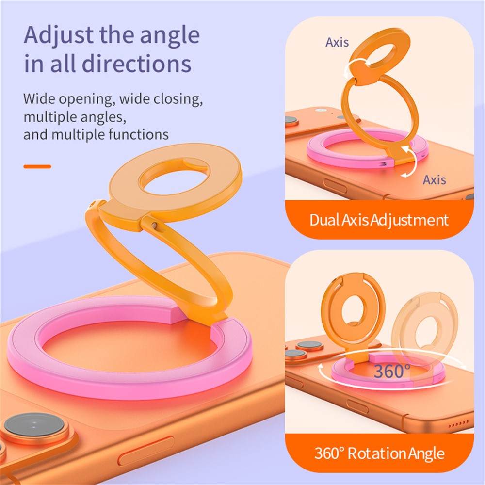Rose-colored magnetic phone ring holder with triple fold 360-degree rotation and strong magnetic attachment