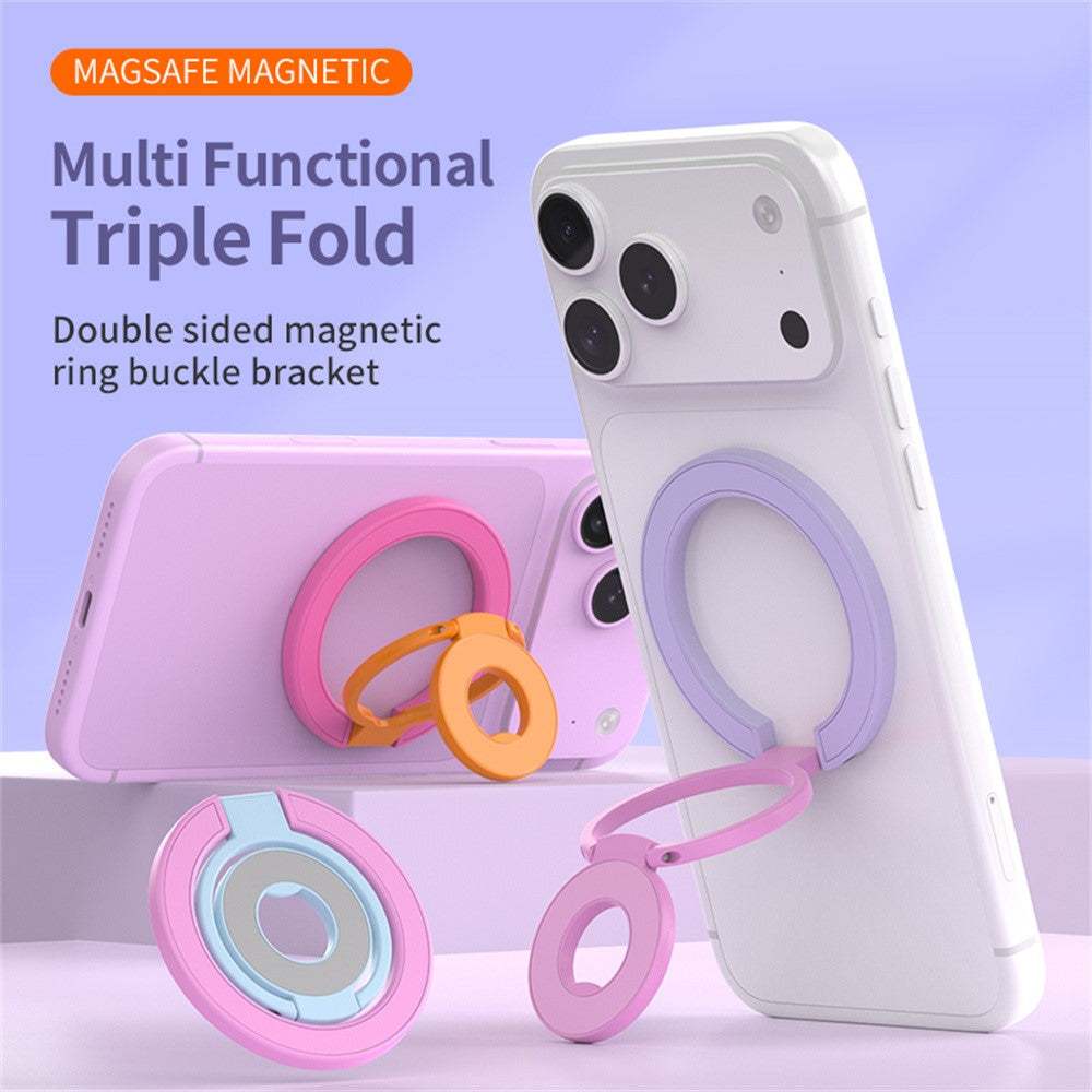 Rose-colored magnetic phone ring holder with strong magnetic attachment and 360-degree triple fold rotation stand