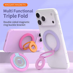 Rose-colored magnetic phone ring holder with strong magnetic attachment and 360-degree triple fold rotation stand