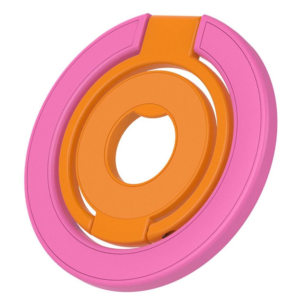 Rose-colored magnetic phone ring holder with strong magnetic attachment and 360-degree rotation triple fold design