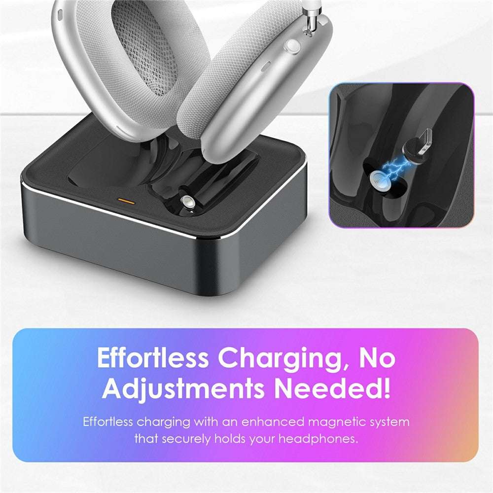 Wireless charging stand for AirPods Max with magnetic dock and LED indicator in sleek aluminum design