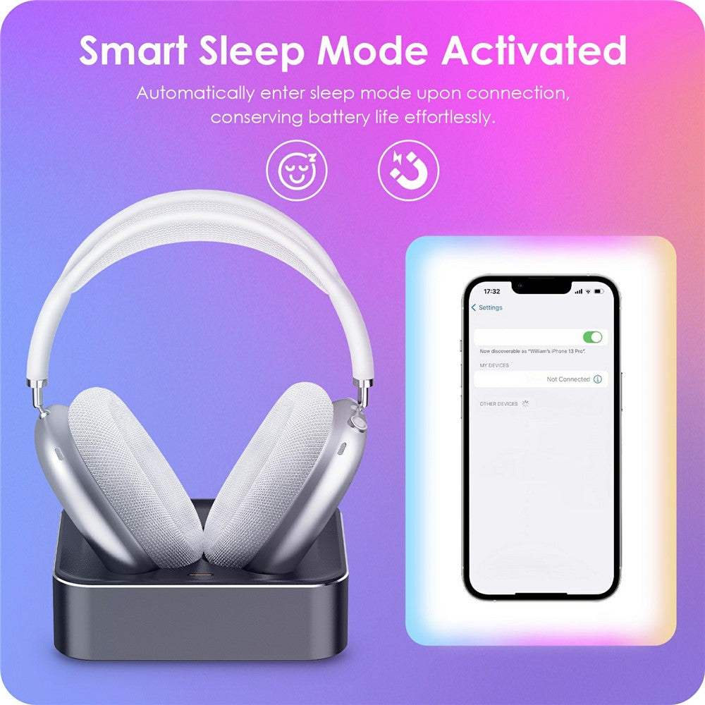 Wireless charging stand for AirPods Max with magnetic dock, LED indicator, and smart sleep mode