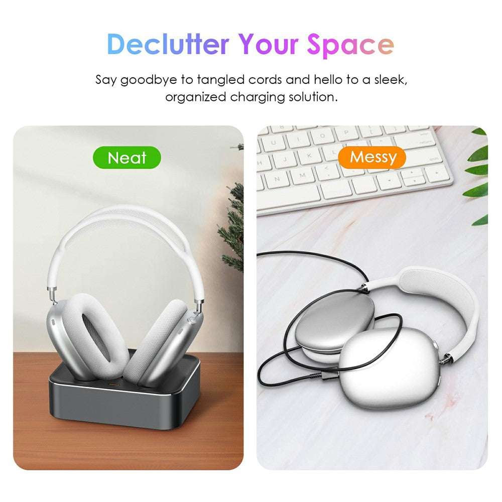 Wireless charging stand for AirPods Max with magnetic dock, LED indicator, and smart sleep mode