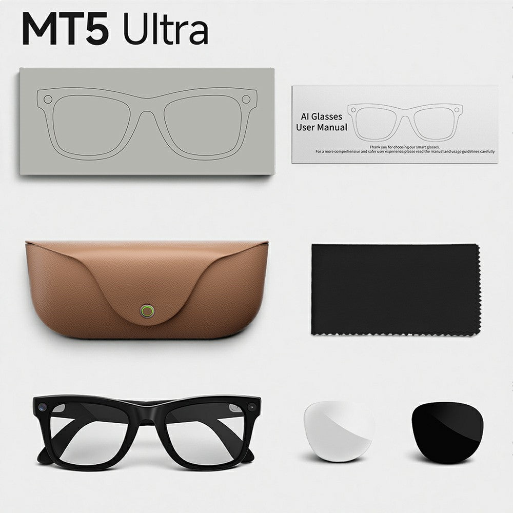 MT5 Ultra Smart Glasses 8MP Camera AI Real-Time Translation Bluetooth-compatible Call Eyeglasses with 2000mAh Charging Case