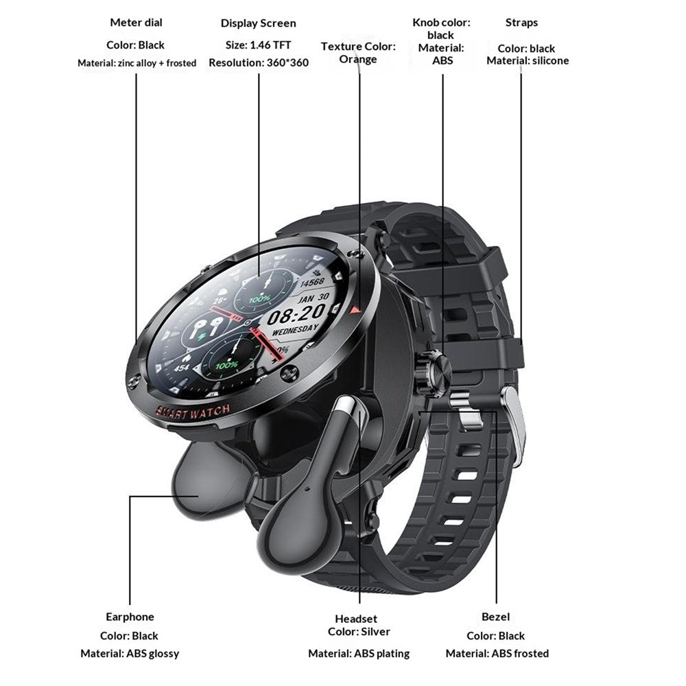 YESIDO IO50 2-in-1 Smart Watch with TWS Earbuds 1.46inch HD Screen Bluetooth-compatible Health Monitor