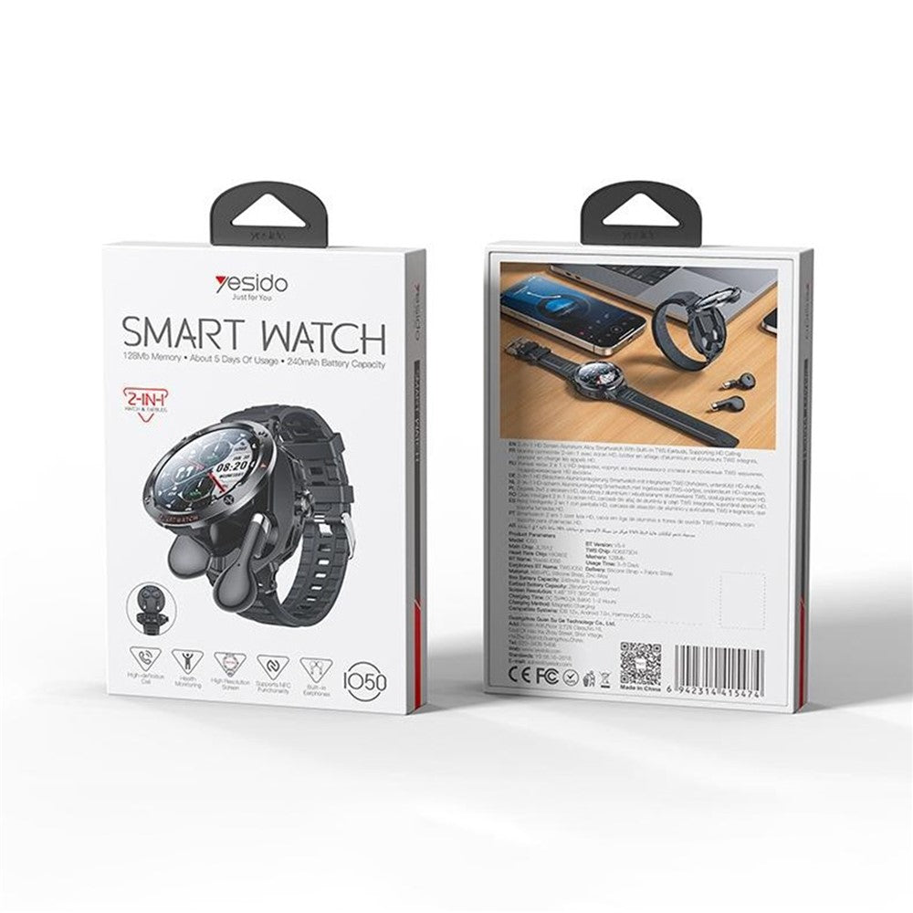 YESIDO IO50 2-in-1 Smart Watch with TWS Earbuds 1.46inch HD Screen Bluetooth-compatible Health Monitor
