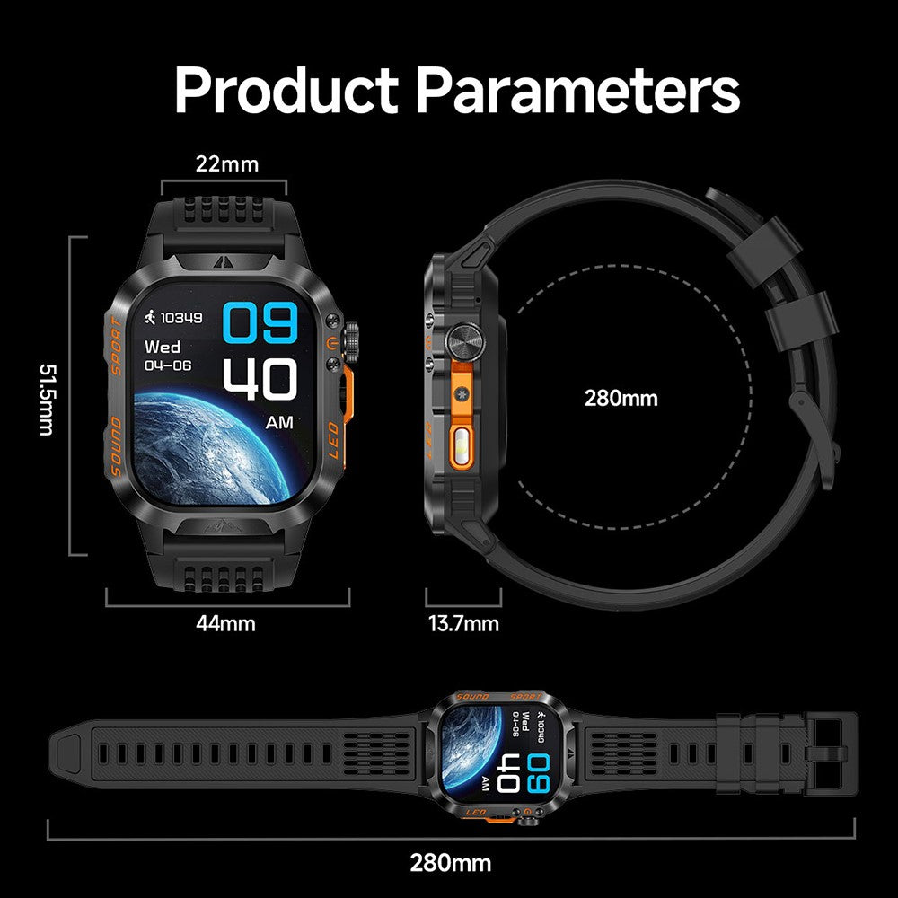 HT46 Sports Smart Watch 2.01 Inch IPS 1200mAh Battery IP68 Waterproof LED Flashlight Bluetooth-compatible Calling Health Monitor for Outdoor Adventure