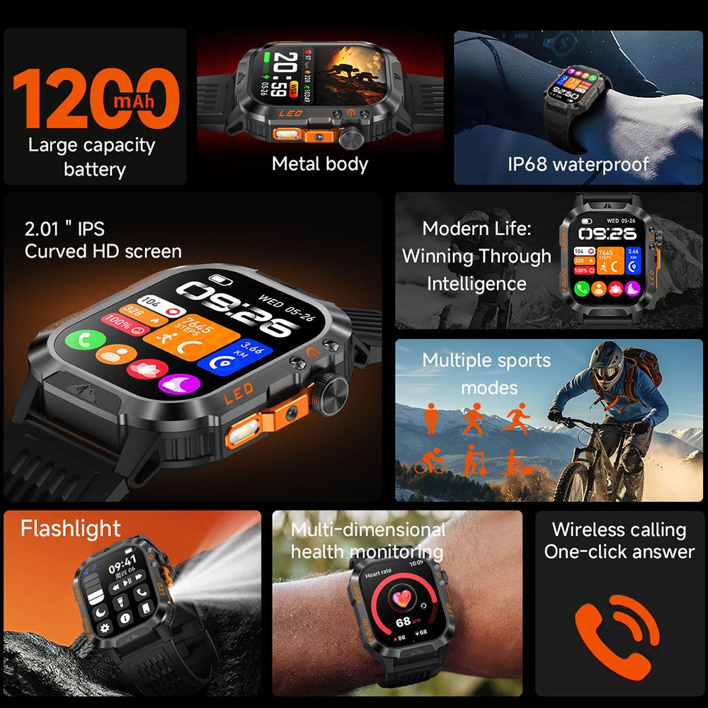 HT46 Sports Smart Watch 2.01 Inch IPS 1200mAh Battery IP68 Waterproof LED Flashlight Bluetooth-compatible Calling Health Monitor for Outdoor Adventure