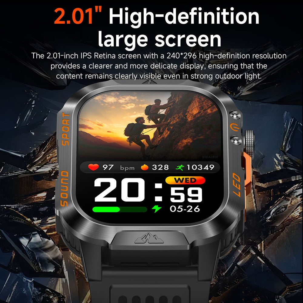 HT46 Sports Smart Watch 2.01 Inch IPS 1200mAh Battery IP68 Waterproof LED Flashlight Bluetooth-compatible Calling Health Monitor for Outdoor Adventure