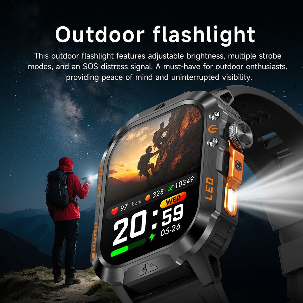 HT46 Sports Smart Watch 2.01 Inch IPS 1200mAh Battery IP68 Waterproof LED Flashlight Bluetooth-compatible Calling Health Monitor for Outdoor Adventure
