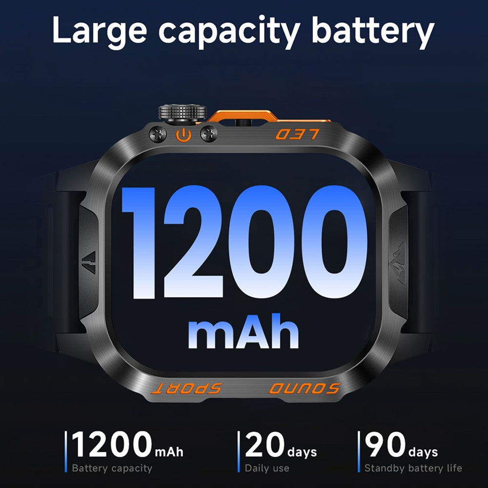 HT46 Sports Smart Watch 2.01 Inch IPS 1200mAh Battery IP68 Waterproof LED Flashlight Bluetooth-compatible Calling Health Monitor for Outdoor Adventure