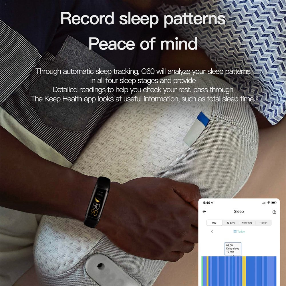 C60 1.1 Inch AMOLED Screen Fitness Band Heart Rate Blood Oxygen Sleep Tracker 25 Sports Modes Smart Wristband