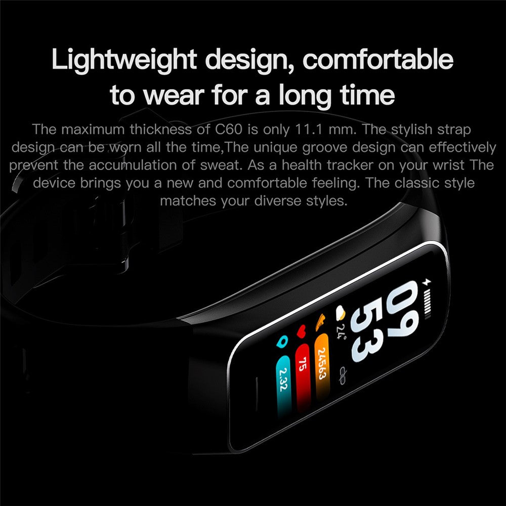C60 1.1 Inch AMOLED Screen Fitness Band Heart Rate Blood Oxygen Sleep Tracker 25 Sports Modes Smart Wristband