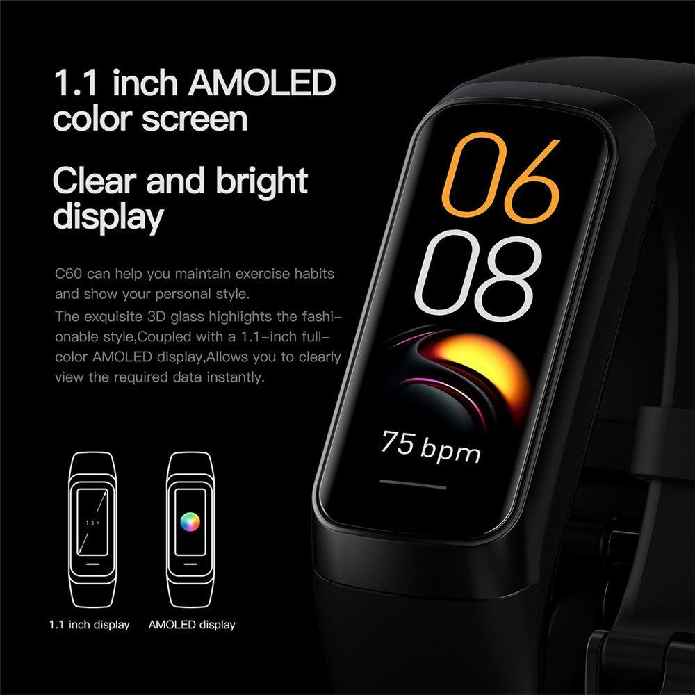C60 1.1 Inch AMOLED Screen Fitness Band Heart Rate Blood Oxygen Sleep Tracker 25 Sports Modes Smart Wristband