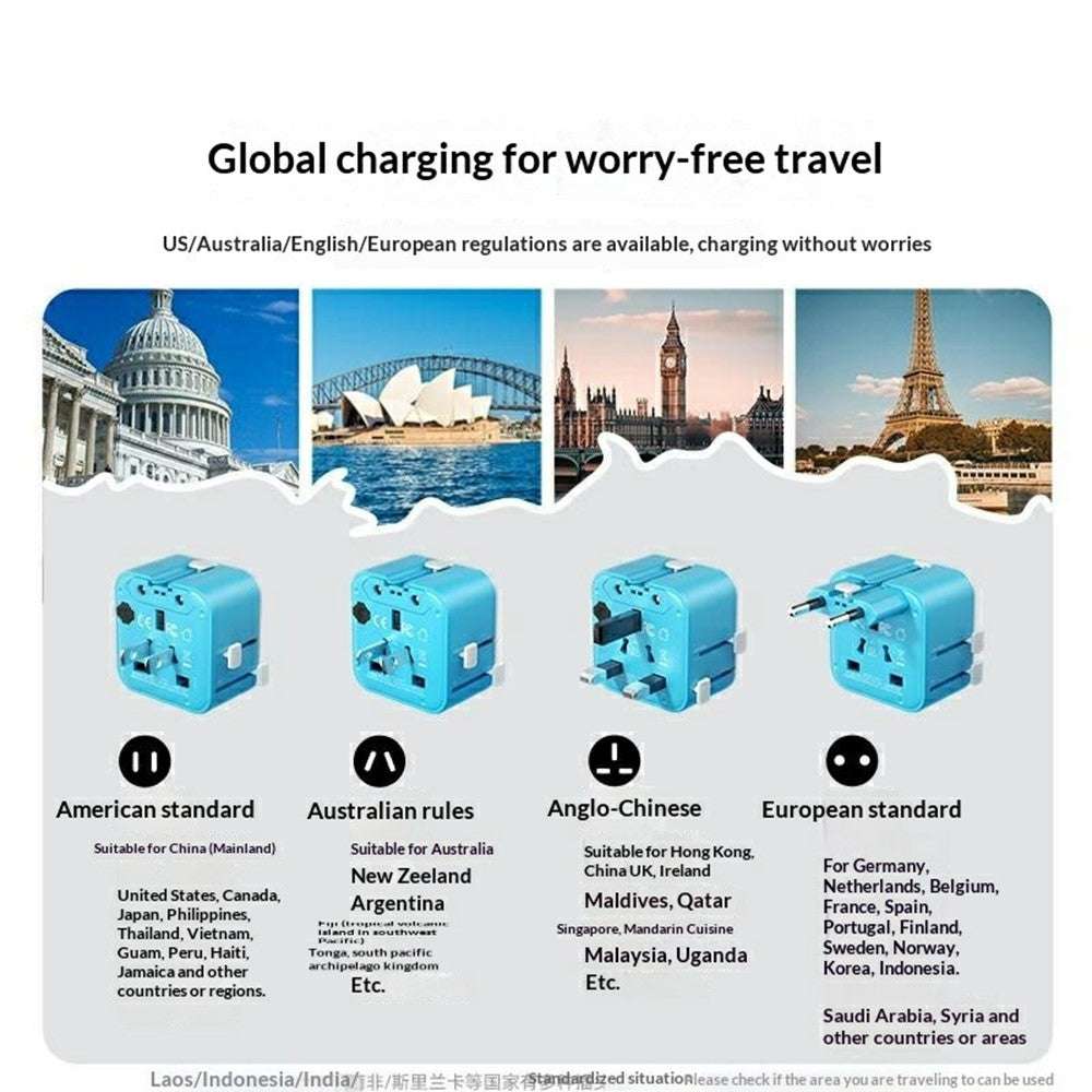 Momax UA37 ultra-thin blue universal travel charger adapter with four international plugs and 2500W power capacity