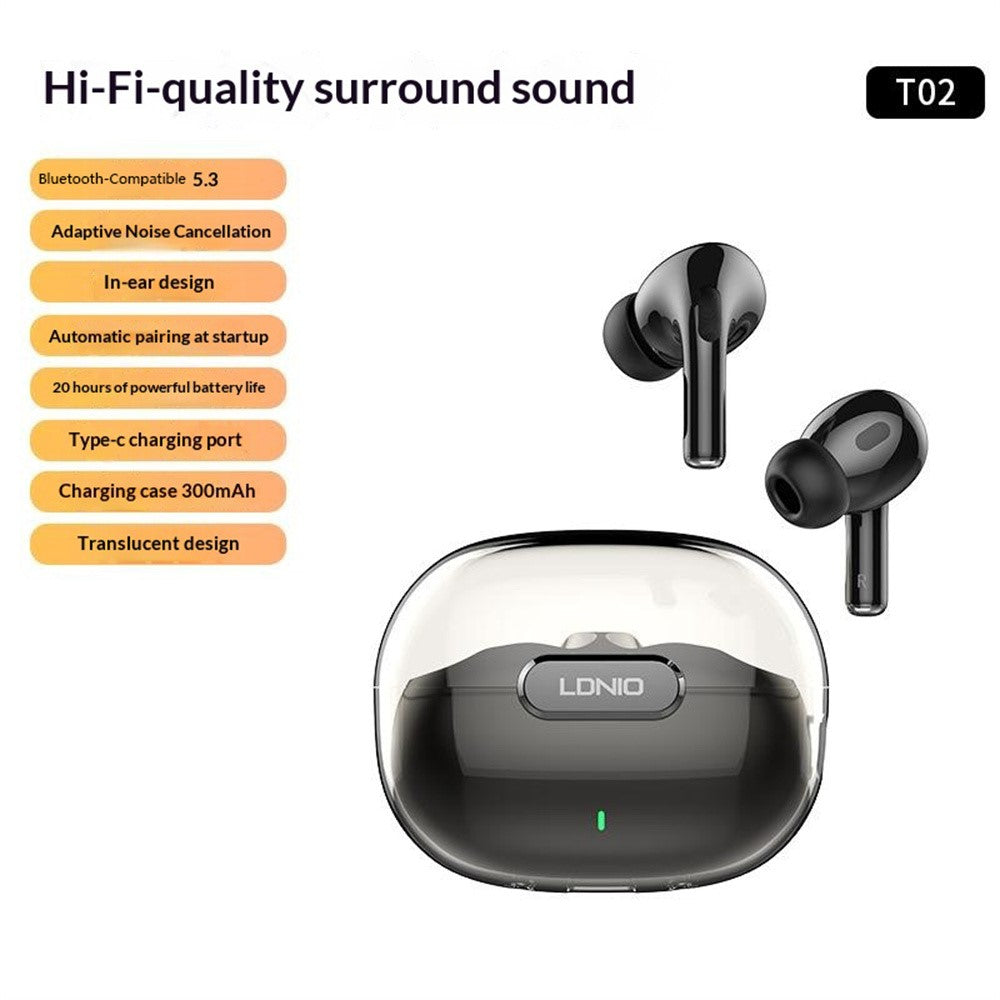 LDNIO T02 Bluetooth-compatible 5.3 In-Ear Earbuds Adaptive Noise Cancelling Hi-Fi 20-Hour Battery Translucent Design Headset for Sports