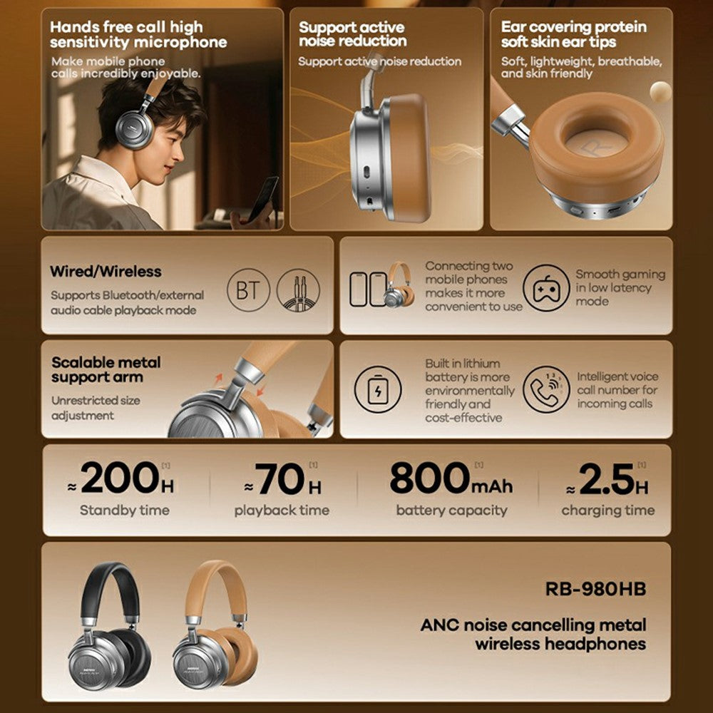 REMAX RB-980HB ANC Noise Reduction Metal Wireless Headphones Bluetooth-compatible Over-Ear Music Headset