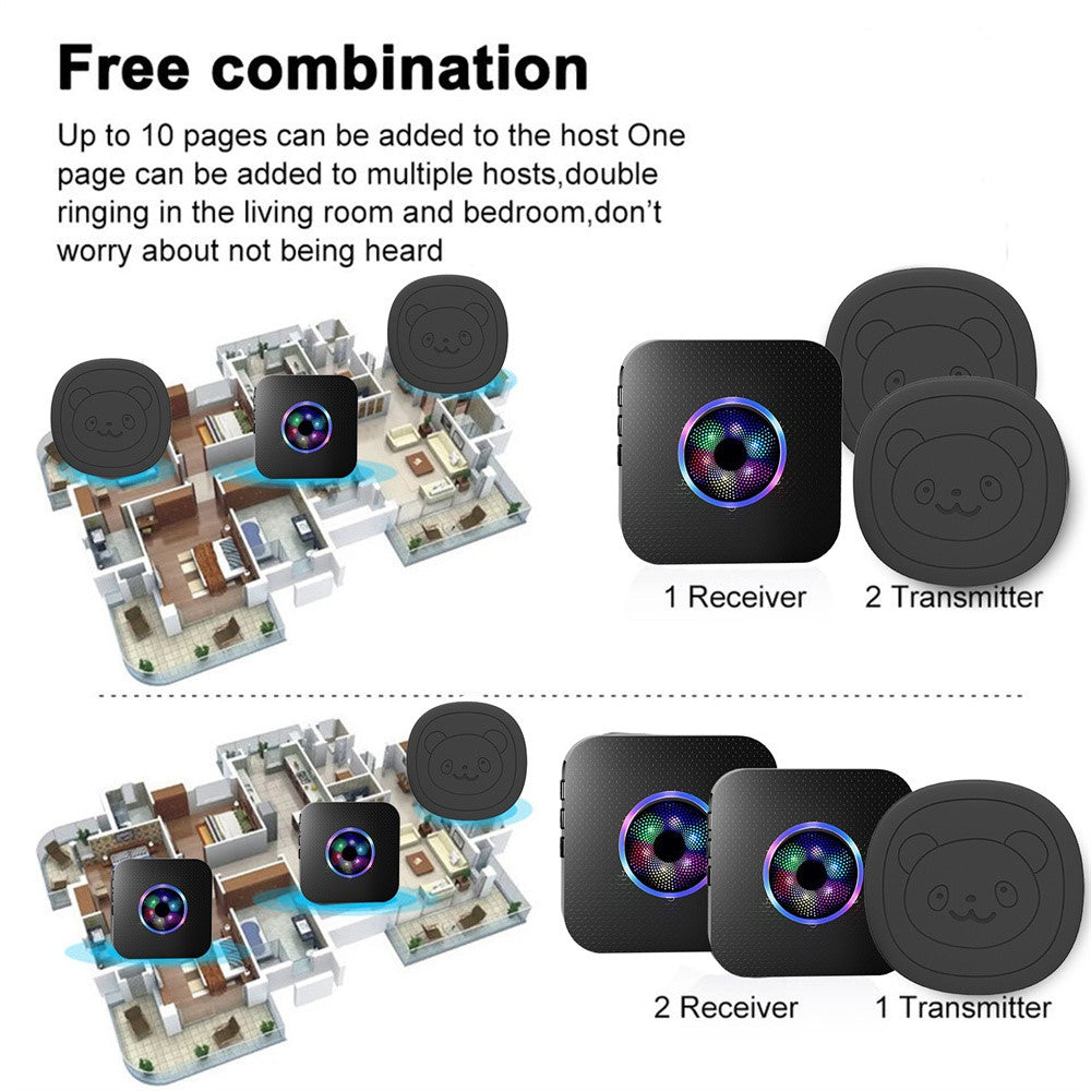N65Q-2T1 Wireless Door Bell Elderly Care Flashing Adjustable Volume Home Doorbell, 2 Transmitter+1 Receiver
